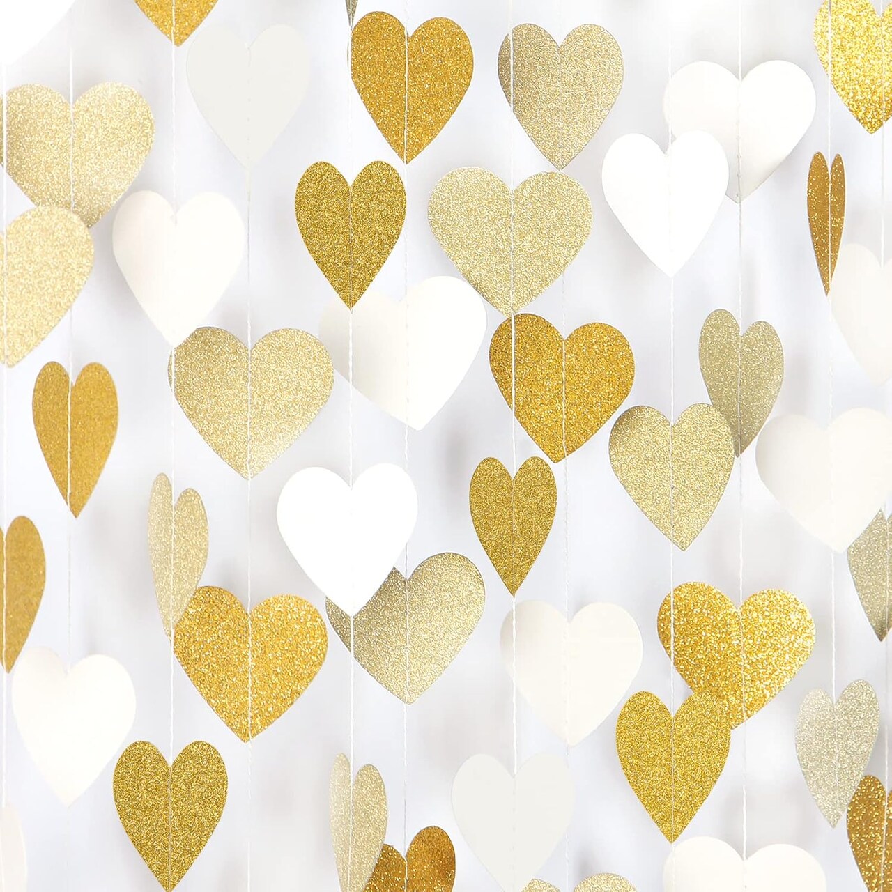 White & Gold Champagne Party Decorations Heart Streamers Garland (Gold)